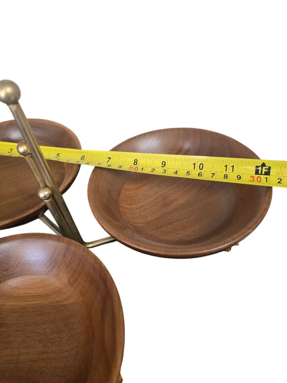 Mid-Century Modern Wood & Brass 3 Serving Snack Dish Nut Bowl - Picture 10 of 10
